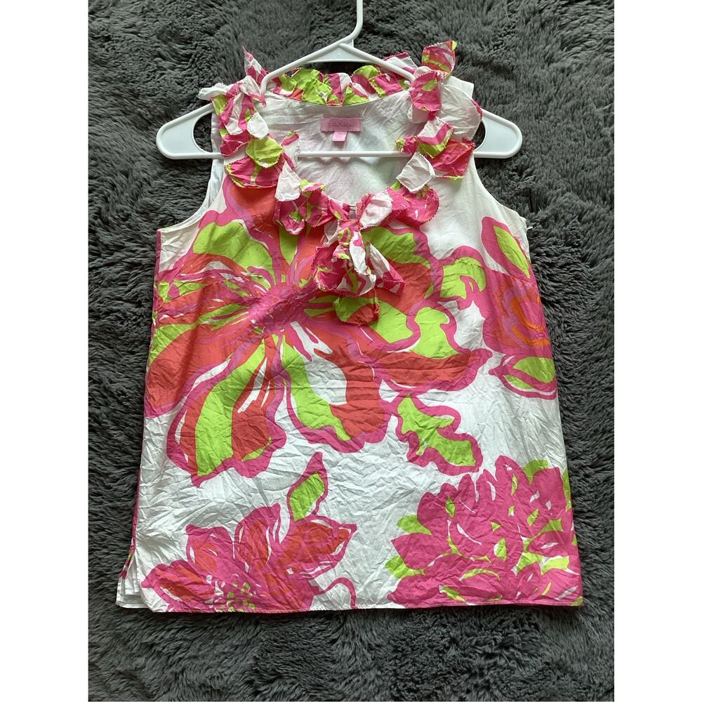 Lilly Pulitzer Womens Floral Print Ruffle Neck Tank Top Pink White Green Size XS